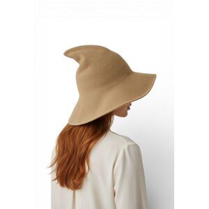 Beige Tan Knit Pointy Witch Hat Soft Textured Wide Brim Accessory